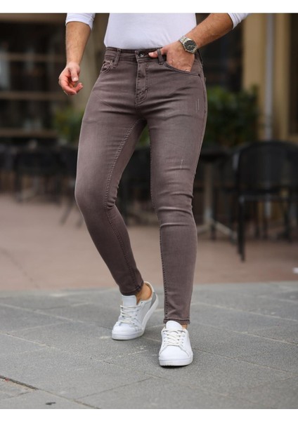 Erkek Jeans Slim Likralı Denim Bordo Kot Pantolon