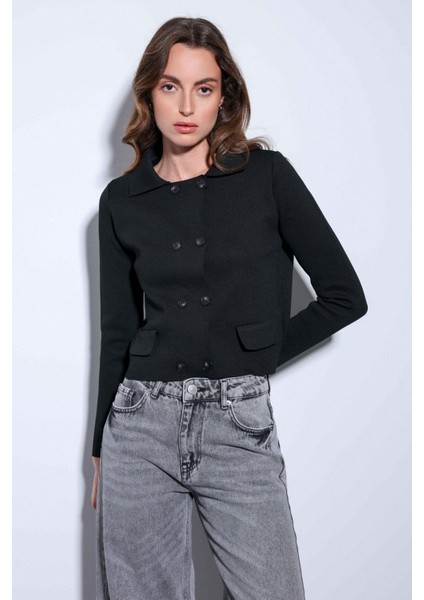 Siyah Kruvaze Kapama Kadın Triko Hırka