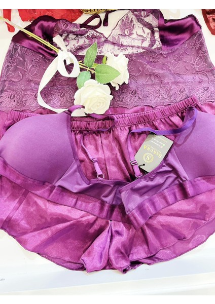 Dolgusuz Önden Bağlamalı Simli Mor Şerit Sütyen