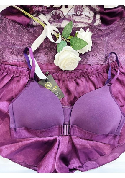 Dolgusuz Önden Bağlamalı Simli Mor Şerit Sütyen modelleri