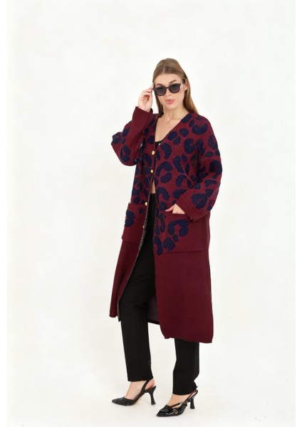 Kadın Teddy Pelüş Gold Düğmeli Havlu Desenli Yırtmaçlı (V) Cepli Yaka Uzun Hırka