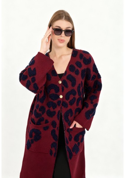 Kadın Teddy Pelüş Gold Düğmeli Havlu Desenli Yırtmaçlı (V) Cepli Yaka Uzun Hırka