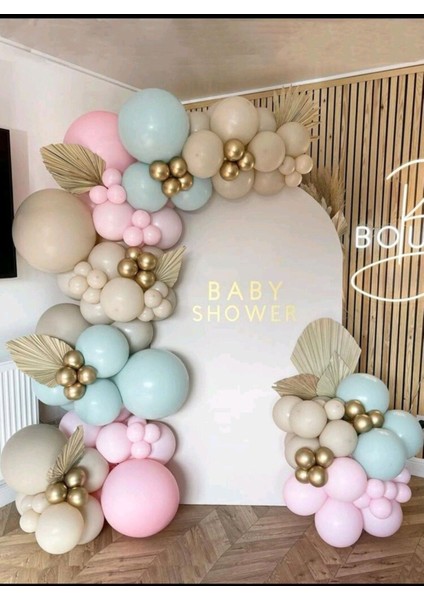 100 Balonlu Parti Seti Kum Beji Mavi Pembe ve Krom Gold Balonlar Doğum Günü Konsepti