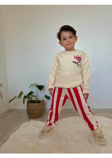 Dino Altı Çizgili Şardonlu 3 Iplik Sweatshirt-Eşofman Altı Kışlık Erkek Çocuk Takım