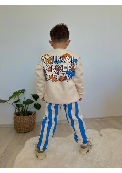 Hayvan Konseptli Altı Çizgili Şardonlu 3 Iplik Sweatshirt-Eşofman Altı Kışlık Erkek Çocuk Takım fiyatları