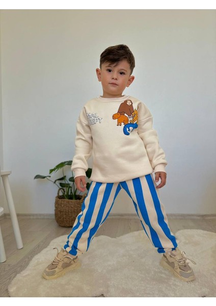 Hayvan Konseptli Altı Çizgili Şardonlu 3 Iplik Sweatshirt-Eşofman Altı Kışlık Erkek Çocuk Takım modelleri