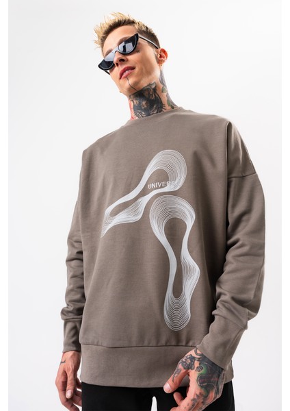 Erkek Vizon Sweatshirt Oversize Pamuklu Baskı Detaylı