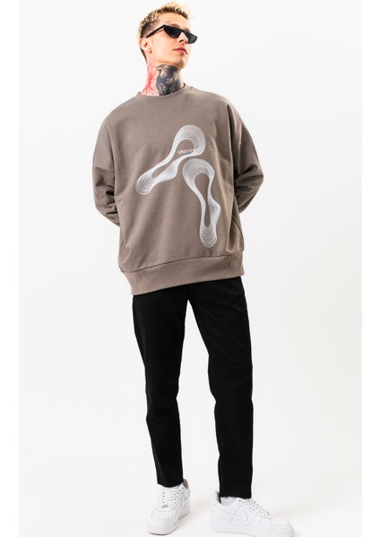 Erkek Vizon Sweatshirt Oversize Pamuklu Baskı Detaylı modelleri
