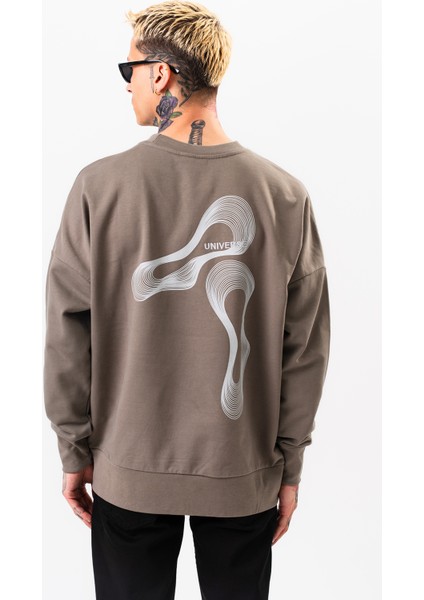 Erkek Vizon Sweatshirt Oversize Pamuklu Baskı Detaylı fırsatları