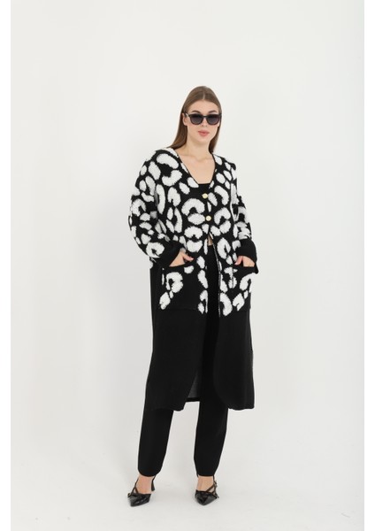 Kadın Teddy Pelüş Gold Düğmeli Havlu Desenli Yırtmaçlı (V) Cepli Yaka Uzun Hırka