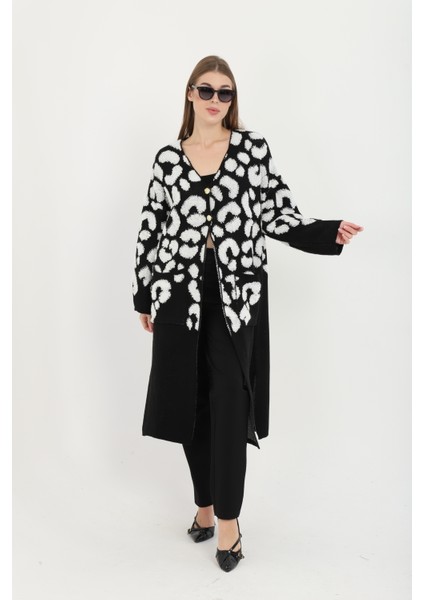 Kadın Teddy Pelüş Gold Düğmeli Havlu Desenli Yırtmaçlı (V) Cepli Yaka Uzun Hırka