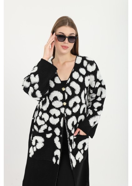 Kadın Teddy Pelüş Gold Düğmeli Havlu Desenli Yırtmaçlı (V) Cepli Yaka Uzun Hırka