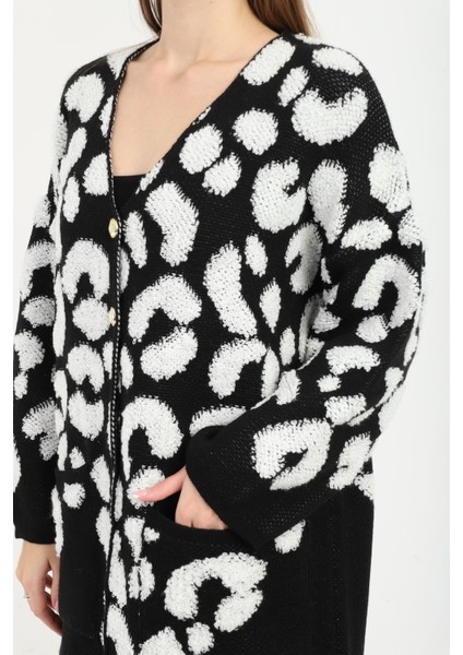 Kadın Teddy Pelüş Gold Düğmeli Havlu Desenli Yırtmaçlı (V) Cepli Yaka Uzun Hırka