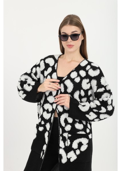 Kadın Teddy Pelüş Gold Düğmeli Havlu Desenli Yırtmaçlı (V) Cepli Yaka Uzun Hırka