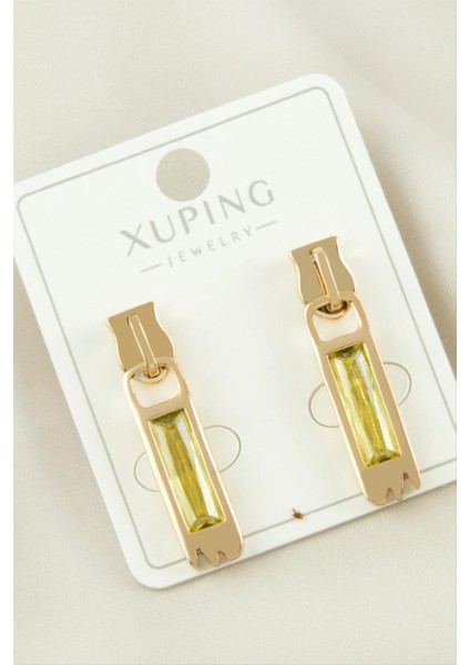 Sepetim Xuping Fermuar Zirkon Taşlı Lüks Çelik Küpe-Sarı