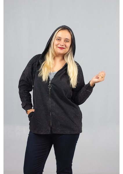 Büyük Beden 2 Iplik Pamuk Yıkamalı Siyah Kapşonlu Sweat