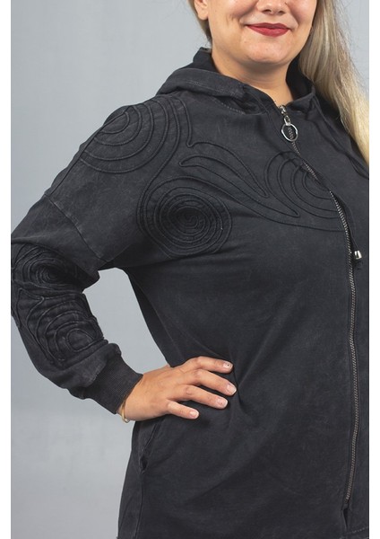 Büyük Beden 2 Iplik Pamuk Yıkamalı Siyah Kapşonlu Sweat fiyatları