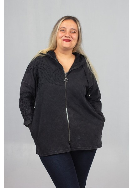 Büyük Beden 2 Iplik Pamuk Yıkamalı Siyah Kapşonlu Sweat modelleri