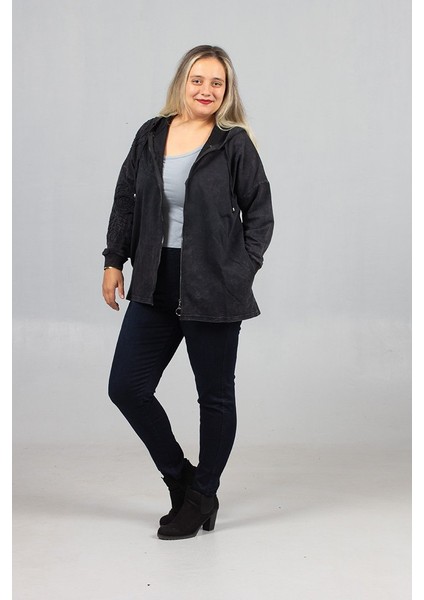 Büyük Beden 2 Iplik Pamuk Yıkamalı Siyah Kapşonlu Sweat indirimleri