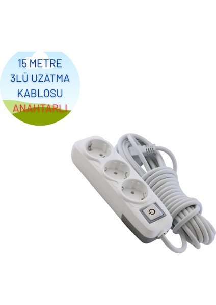 3'lü Anahtarlı 15 Metre Uzatma Kablosu Topraklı 3x1,5 Ttr Cca