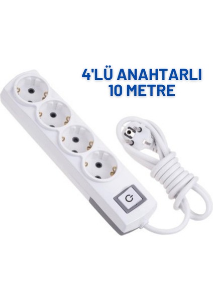 4'lü Anahtarlı 10 Metre Uzatma Kablosu Topraklı 3x1,5 Ttr Cca