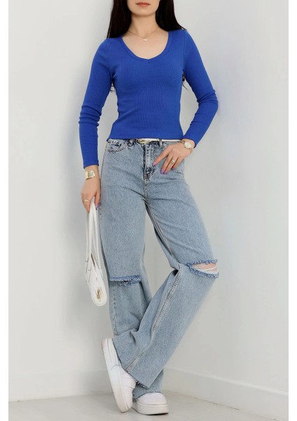 V Yaka Kaşkorse Bluz Saks Mavisi A3699 fırsatları