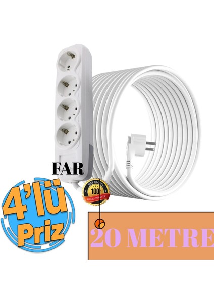 4'lü 20 Metre Uzatma Kablosu Topraklı 3x1,5 Ttr Cca