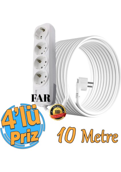 4'lü 10 Metre Uzatma Kablosu Topraklı 3x1,5 Ttr Cca