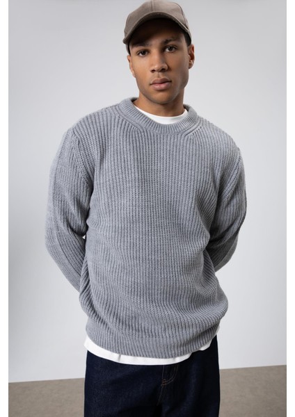 Bisiklet Yaka Oversize Triko Kazak Gri Melanj indirimleri