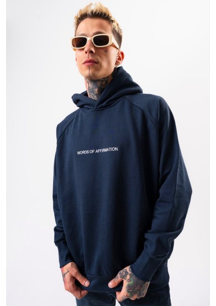 Erkek Lacivert Sweatshirt Oversize Kapüşonlu Baskılı Yumusaçık Kumaşlı