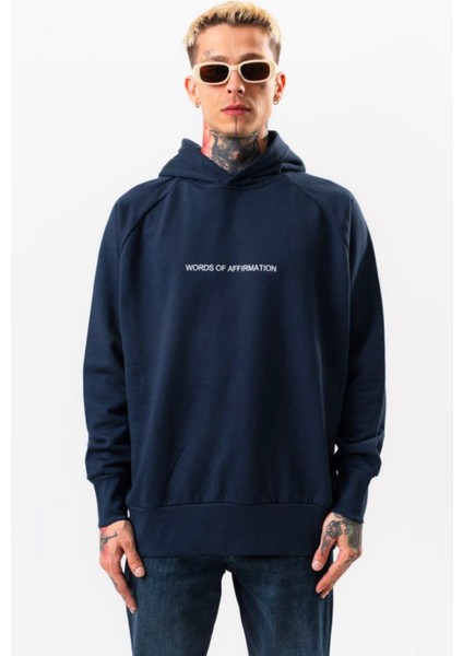 Erkek Lacivert Sweatshirt Oversize Kapüşonlu Baskılı Yumusaçık Kumaşlı fiyatları