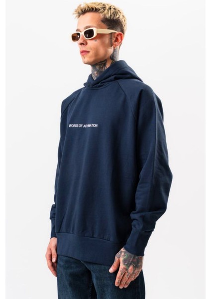 Erkek Lacivert Sweatshirt Oversize Kapüşonlu Baskılı Yumusaçık Kumaşlı fırsatları