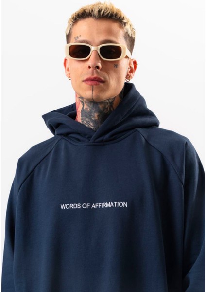 Erkek Lacivert Sweatshirt Oversize Kapüşonlu Baskılı Yumusaçık Kumaşlı indirimleri