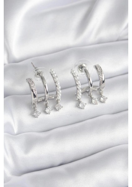 Pirinç Gümüş Renk Zirkon Taş Detay Incili Kadın Küpe - TJ-BKP9748 fiyatları