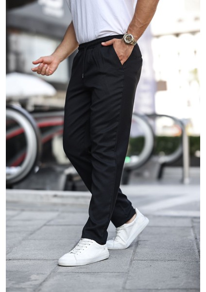 Erkek Bel Lastikli Düz Paça Jogger Siyah Pantolon