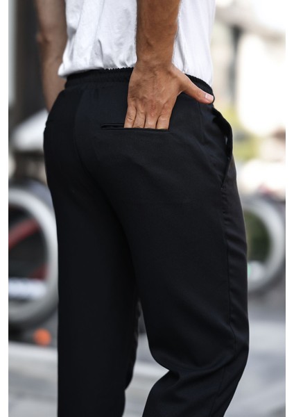 Erkek Bel Lastikli Düz Paça Jogger Siyah Pantolon modelleri