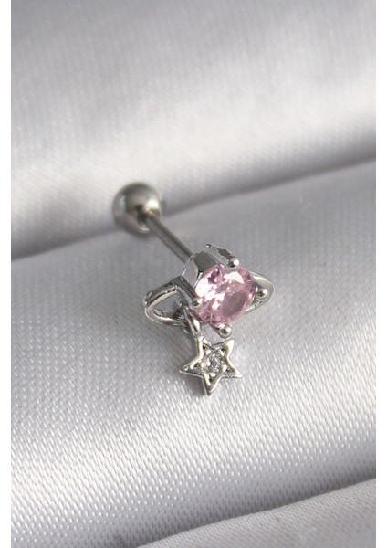 316L Çelik Gümüş Pembe Zirkon Taşlı Sallantı Yıldız Detay Tragus Piercing