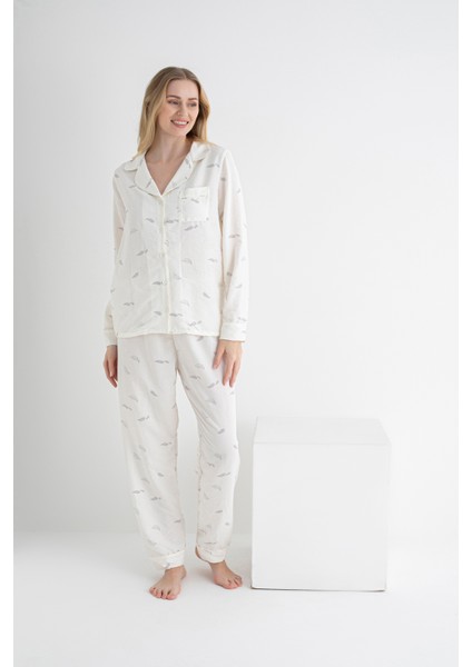 Kadın Uzun Kollu Düğmeli Yaprak Desenli Ekru Aerobin Pijama Takımı – Yazlık Ev Giyimi fırsatları