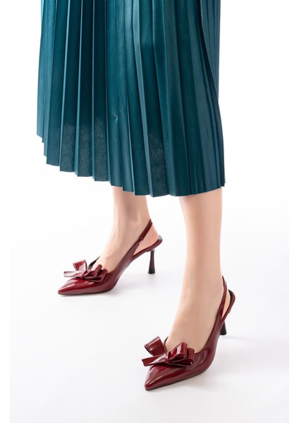 İNF-4501 Bordo Rugan Günlük Arkası Açık Fiyonklu Topuklu Bayan Ayakkabı