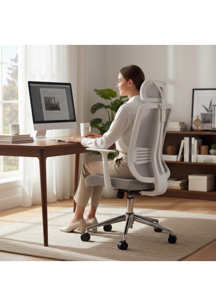 Nosa Beyaz İskeletli Fileli Çalışma Koltuğu | Çalışma Sandalyesi | Başlıklı Müdür Koltuğu | Metal Ayaklı