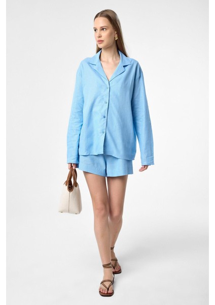 Mavi Keten Karışımlı Şort-Gömlek Kadın Takım