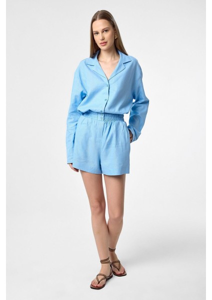 Mavi Keten Karışımlı Şort-Gömlek Kadın Takım fiyatları