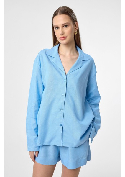 Mavi Keten Karışımlı Şort-Gömlek Kadın Takım modelleri