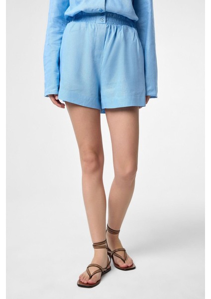 Mavi Keten Karışımlı Şort-Gömlek Kadın Takım fırsatları