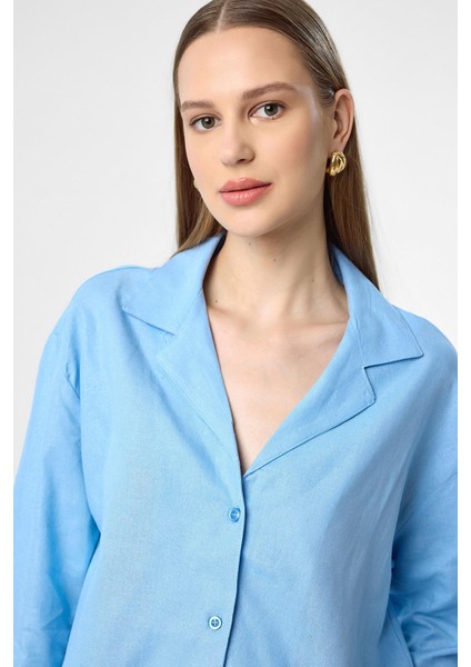 Mavi Keten Karışımlı Şort-Gömlek Kadın Takım indirimleri