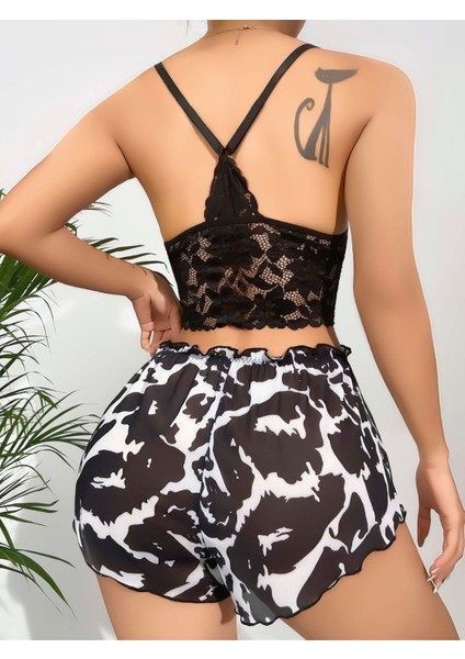 Kadın Siyah Leopar Desenli Dantel Detaylı Şortlu Gecelik Pijama Takımı 5055 fiyatları
