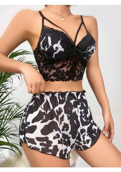 Kadın Siyah Leopar Desenli Dantel Detaylı Şortlu Gecelik Pijama Takımı 5055 modelleri