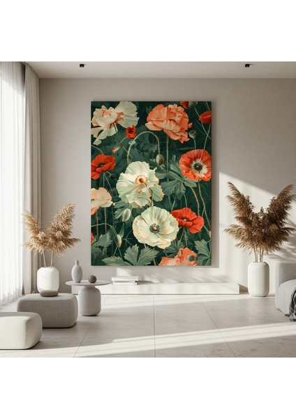 Koyu Yeşil Arka Planlı Haşhaş Çiçekleri Tablosu fırsatları