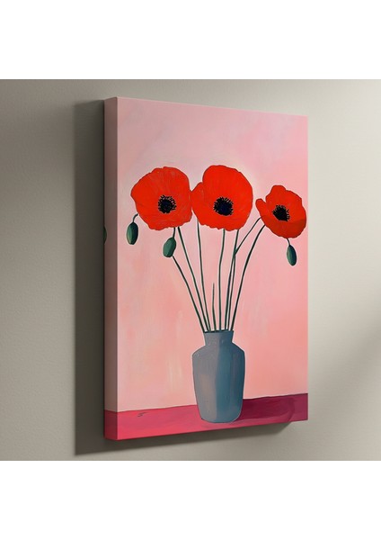 Pembe Arka Planlı Modern Kızıl Haşhaş Çiçekleri Tablosu