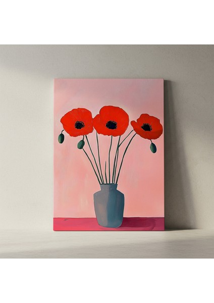Pembe Arka Planlı Modern Kızıl Haşhaş Çiçekleri Tablosu fiyatları